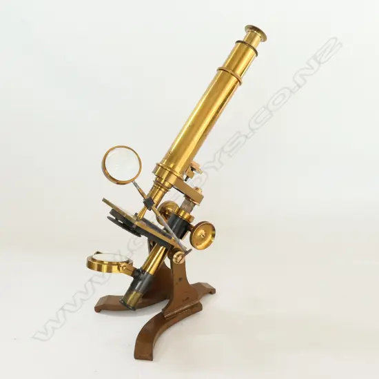 MAHOGANY CASED MONOCULAR MICROSCOPE by JAMES PARKES & SON, B'HAM (EYE TRADE MARK MOTIF) w VARIOUS LENSES & BULLSEYE